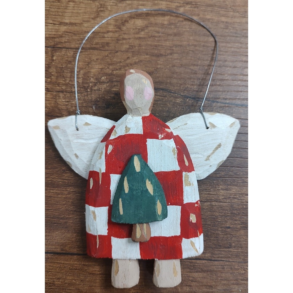 Christmas Ornament Folk Art Signed Painted Ilona Steelhammer Wood Checker Angel